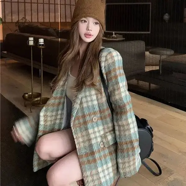 Corea Retro Plaid trapuntato abito di media lunghezza cappotto di lana donna autunno inverno nuova giacca di lana a maniche lunghe allentata