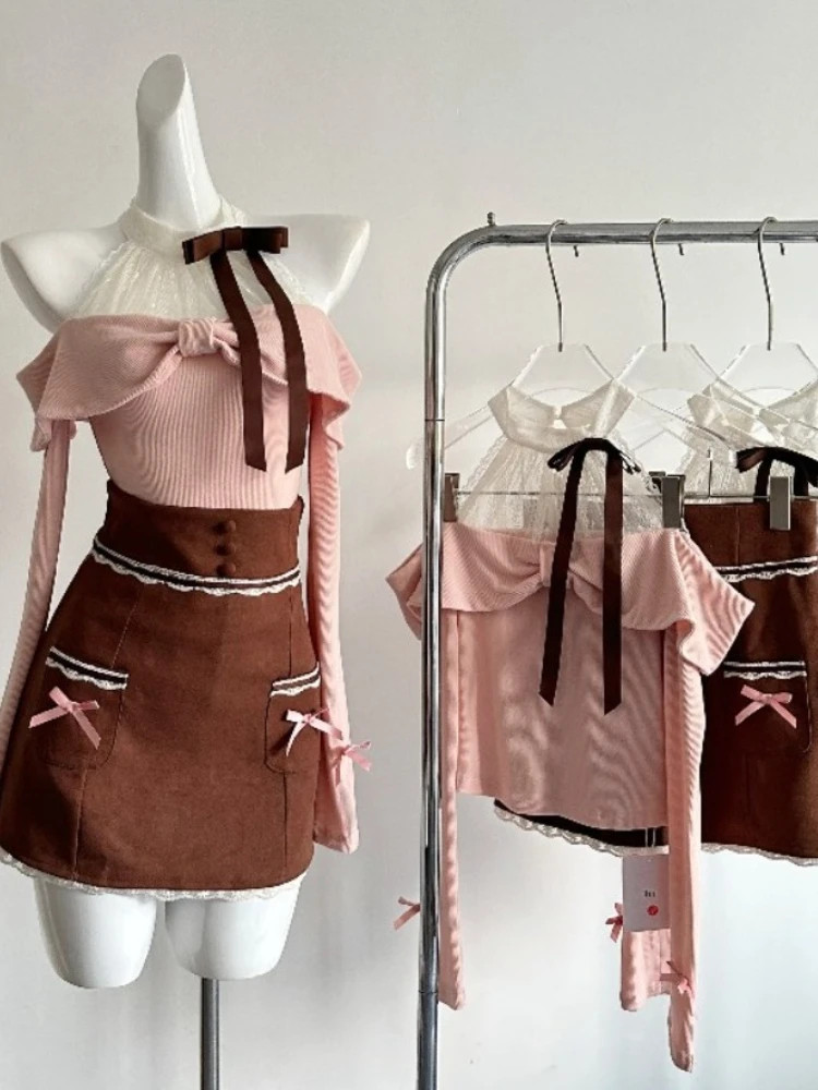 

Japanese Vintage Lace Two Piece Halter Knit Top Brown Short Skirt Set Sweet Cute Style Off Shoulder Design Bowknot Decor Outfit