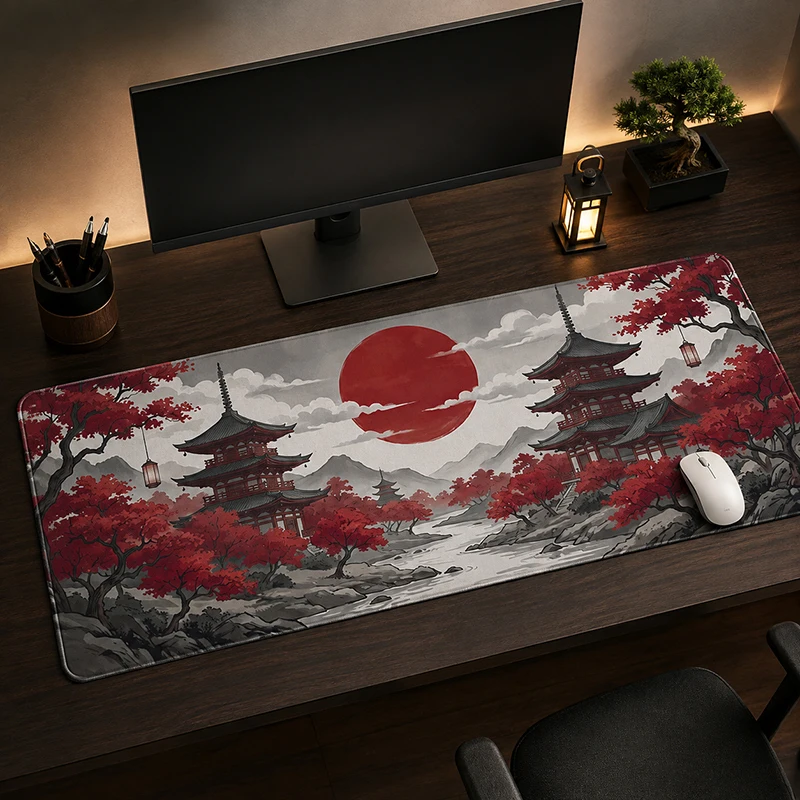 Mouse Pad Red Maple Pagoda Red Moon Gamer XL Large HD Computer Mousepad XXL Mechanical Keyboard Pad Natural Rubber