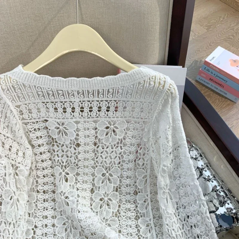 REALEFT Summer Lace Crochet Women\'s White Cardigan 2024 New Hollow Out Beach Bohemian Long Sleeve Short Tops Shirt Female