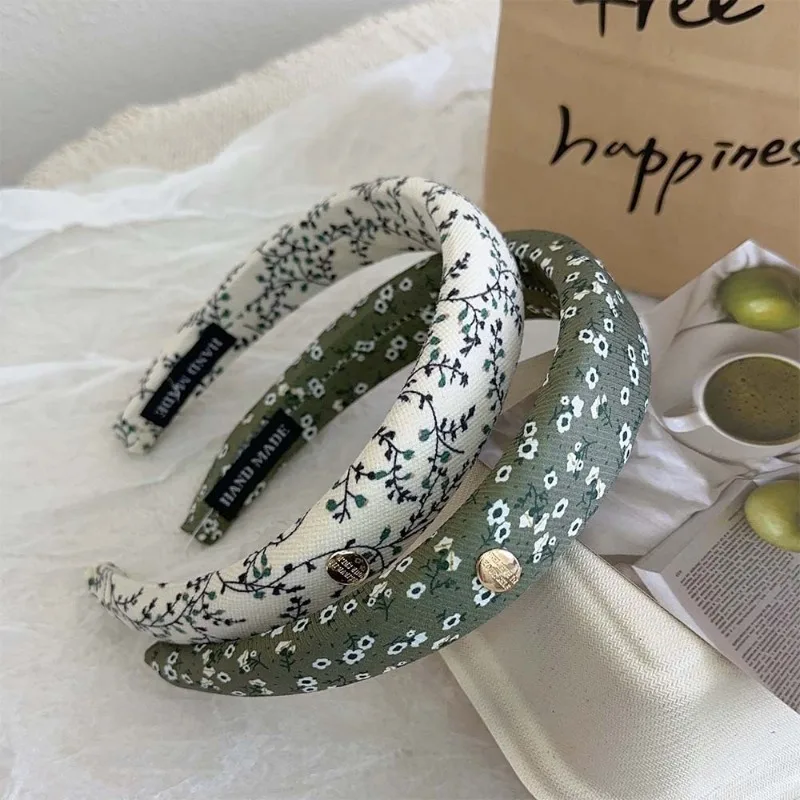 Green Retro Korean Type Floral Sponge Headband Elegant Fashion Printed High Skull Top Hair hoop Versatile Hair Clip