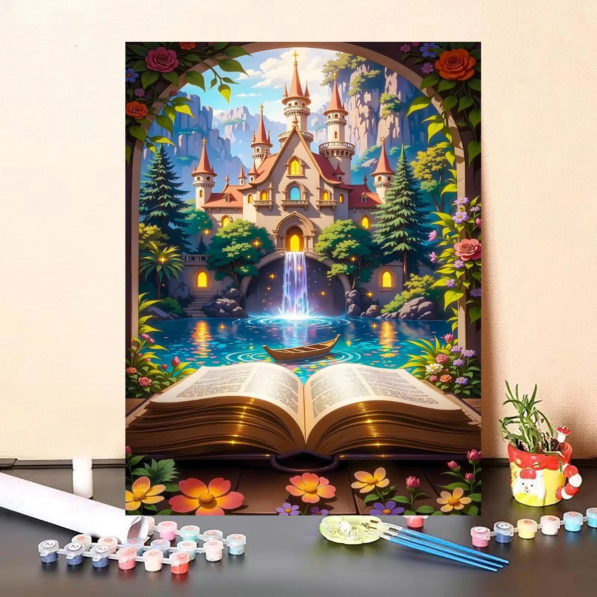 Oil Painting Open Book Fairy Tale Castle Waterfall Fantasy Landscape By Numbers Wall Decor for Living Room Bedroom Gift No Frame