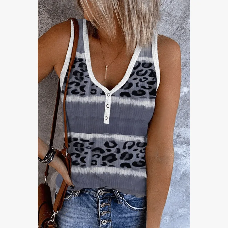 

Summer Thin Pullover Top For Women Personalized Leopard Print Tie Dyed Thread Button Tank