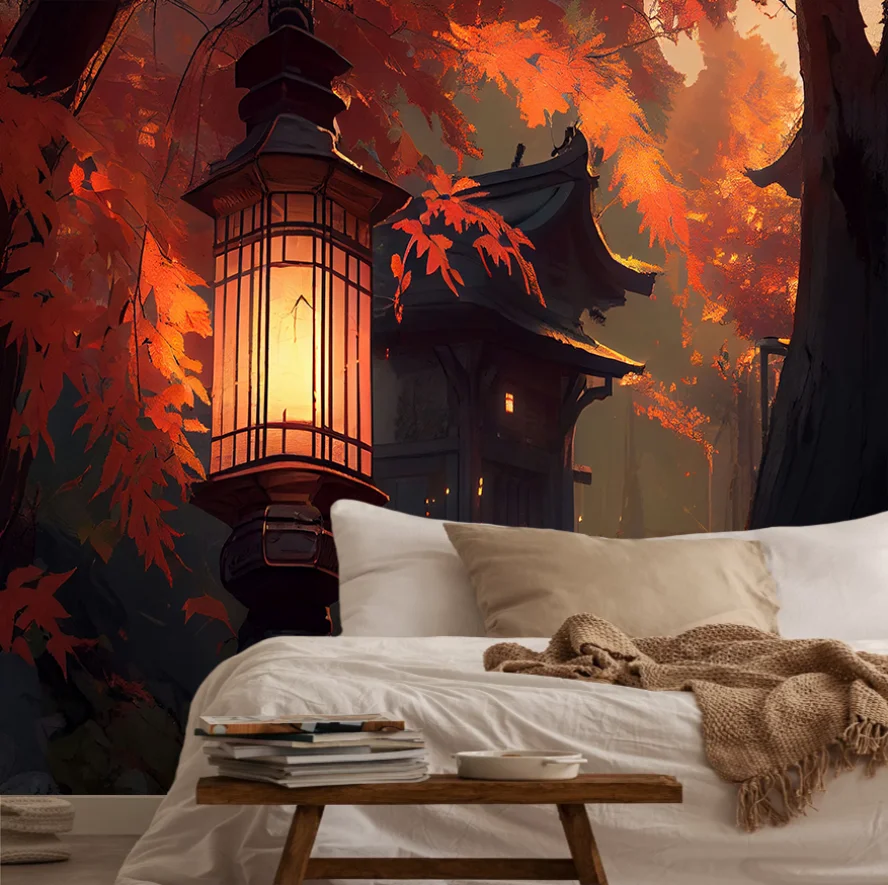 Customized wallpaper, red maple leaves, streetlights, retro architectural wallpaper, home decoration, living room, bedroom mural