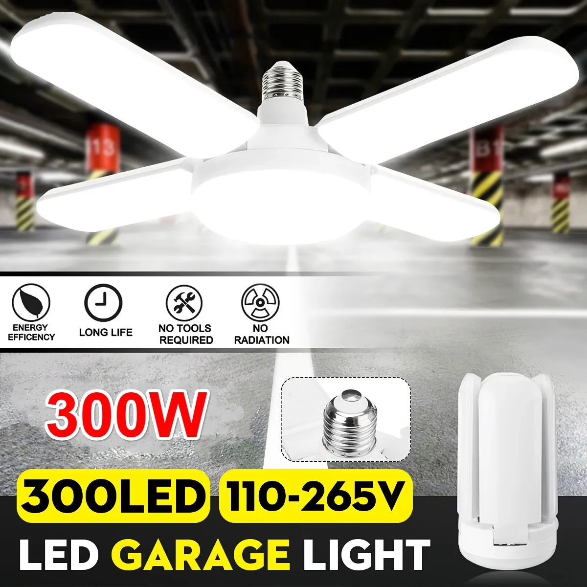 6500K AC110-265V 300W LED Garage Lights Foldable E27 Bulb 4 Adjustable Fan Blades Deformable Workshop Warehouse Ceiling Lighting