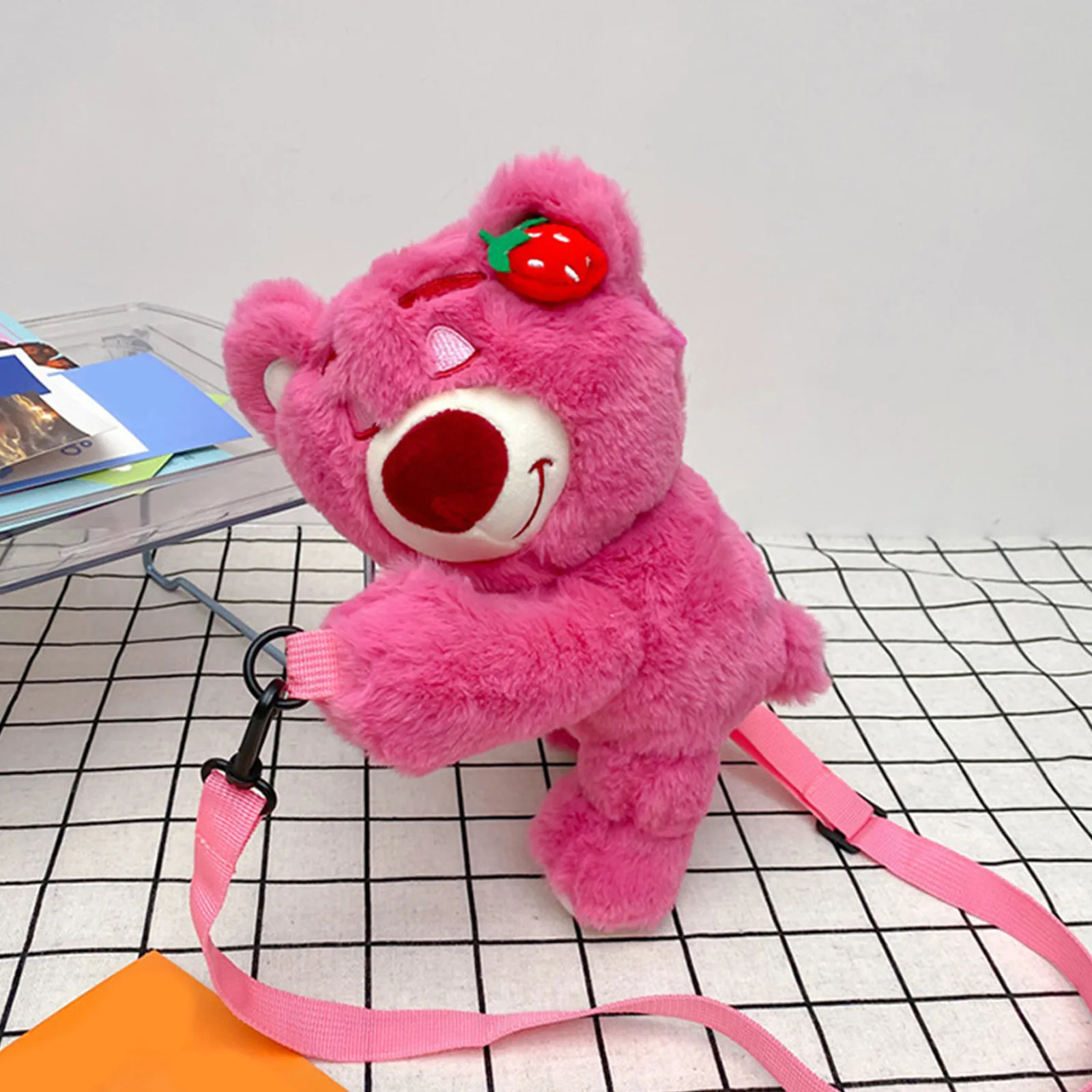 Adorable Plush Bag For Kids, Cartoon Strawberry Bear Design, Perfect Crossbody Bag For Little Girls, Soft And Cute