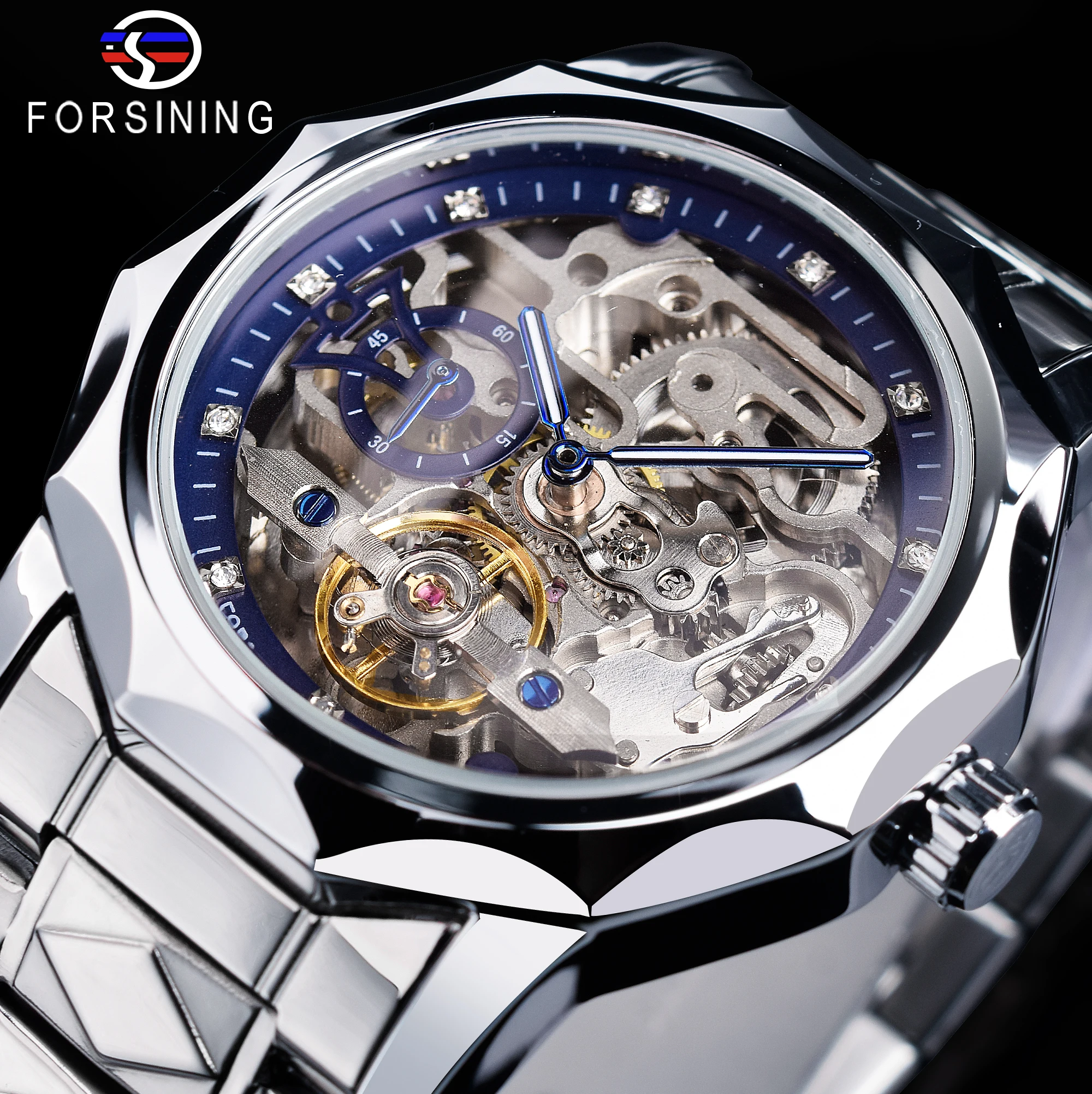 Forsining Automatic Tourbillon Men's Watch Top Brand Skeleton Mechanical Wristwatch Silver Stainless Steel Watches Transparent