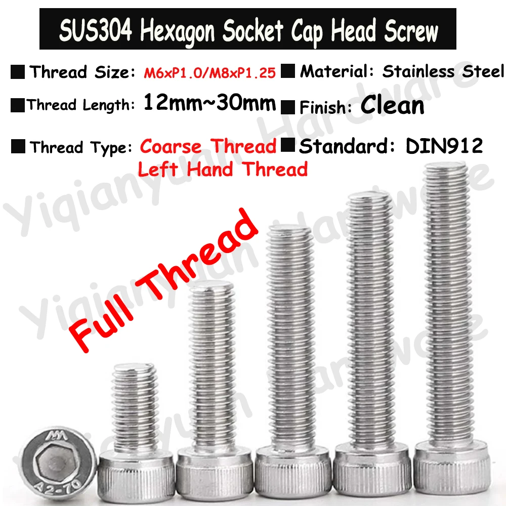 

2Pcs~5Pcs M6xP1.0 M8xP1.25 Left Hand Thread DIN912 SUS304 Stainless Steel Hexagon Socket Knurled Cap Head Bolts Allen Key Screws