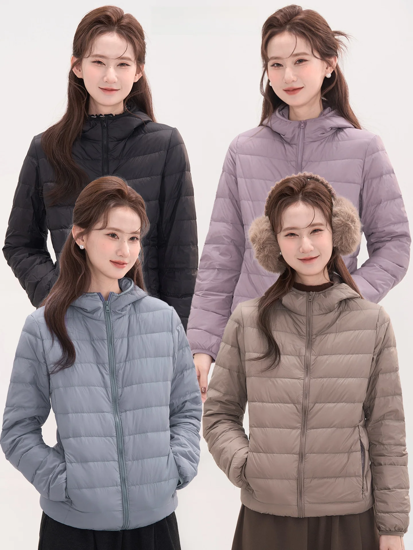 

Slimming Effect down Jaet Hooded Lightweight Women's Sle Ribbone Patterned Coat Warm Outdoor Nylon Zipper Closure Long Sl...