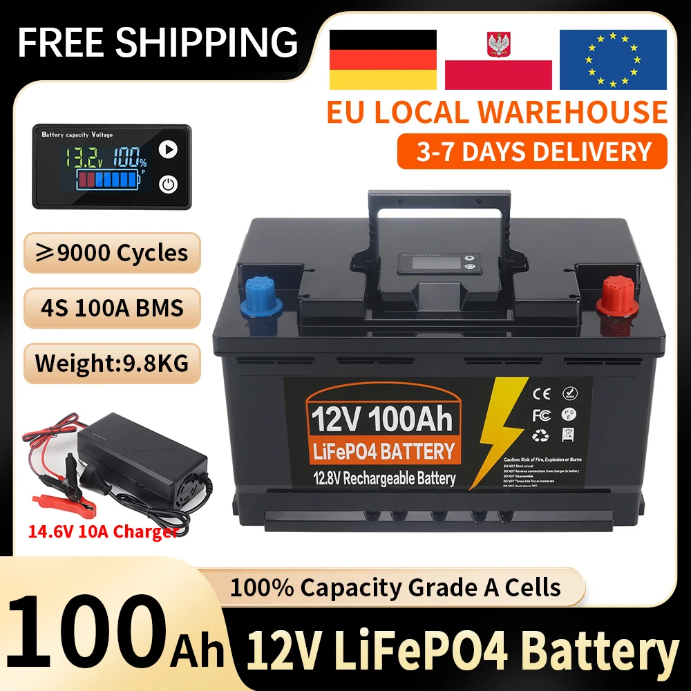 Batteria al litio LiFePO4 12V 100Ah 150AH 350AH con BMS integrato da 100A, 9000 cicli di vita, per camper, fuoristrada, imbarcazioni da pesca, sistemi solari e camper off-grid