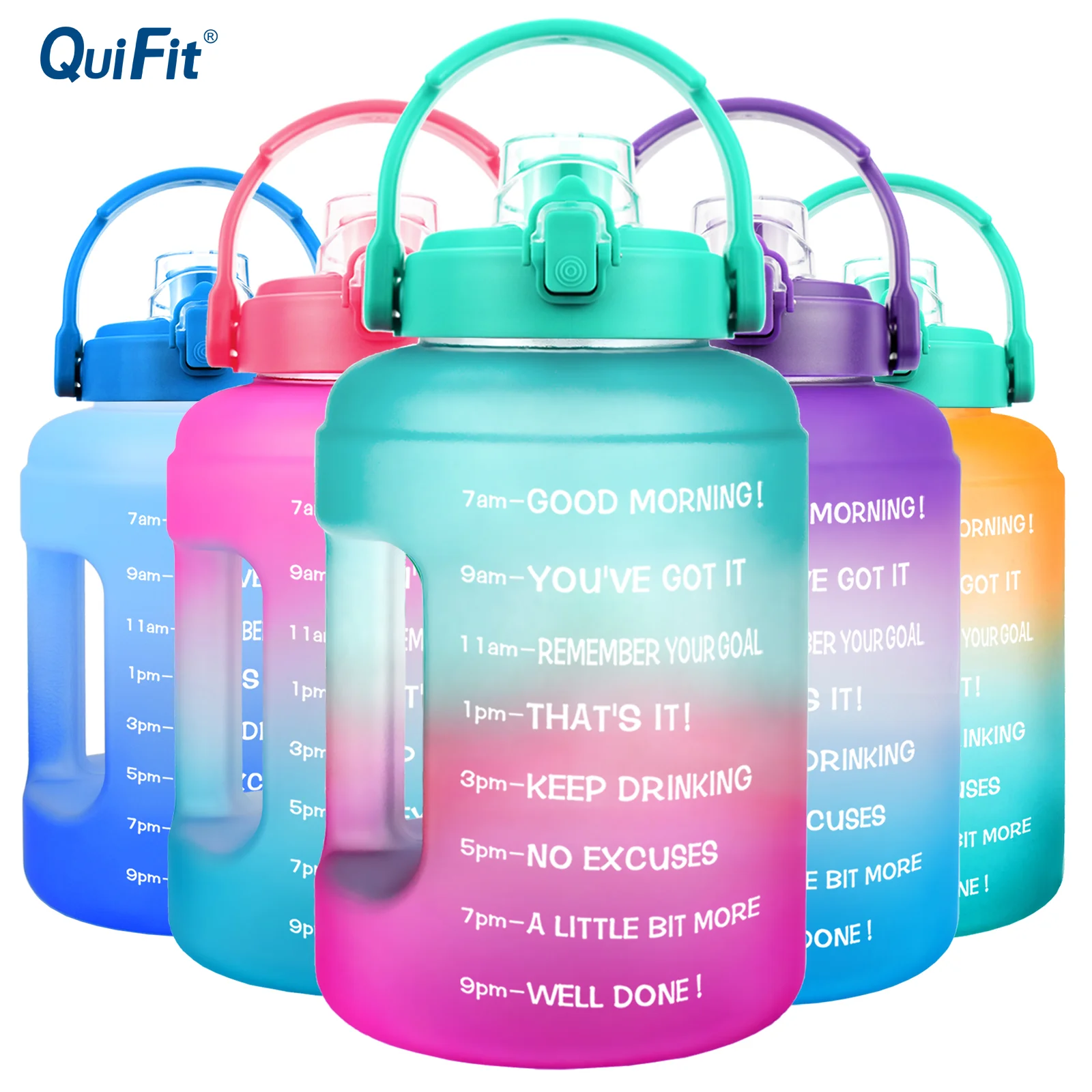 

QuiFit 2.5L 83oz 3.78L 128oz Wide Mouth 1 Gallon Motivational Water Bottle with Time Marker Flik-Flop BPA Free Sport Fitness