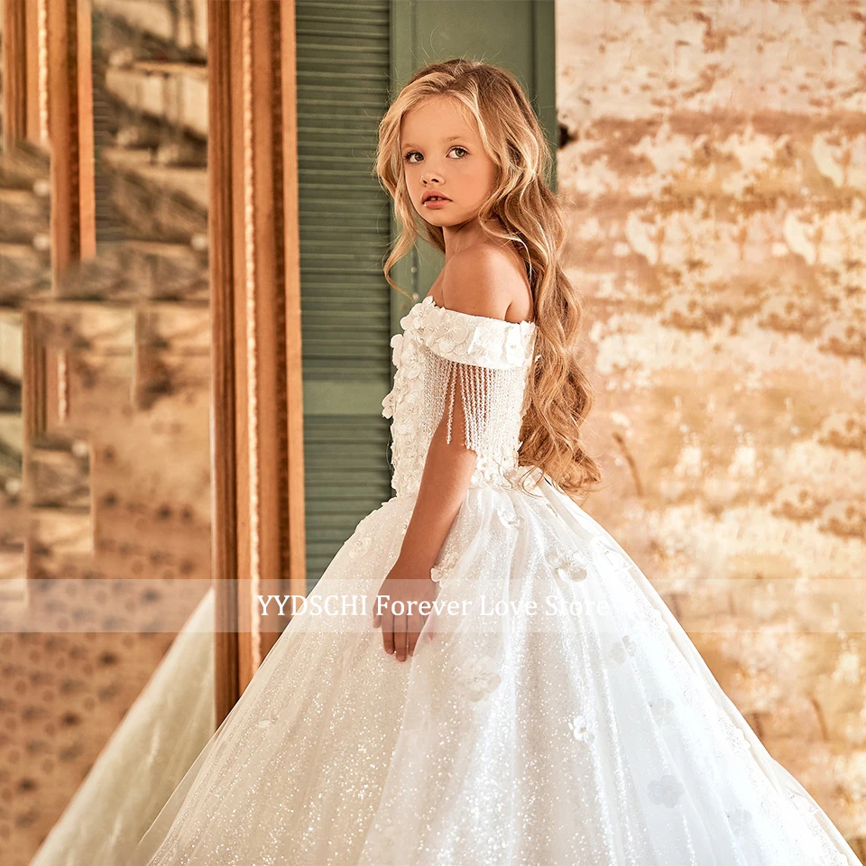 Vestido de princesa de lujo con hombros descubiertos y borlas para niña, vestido de baile con cuentas, vestido de flores para desfile, fiesta de cumpleaños, Bautismo, primera comunión, 2024