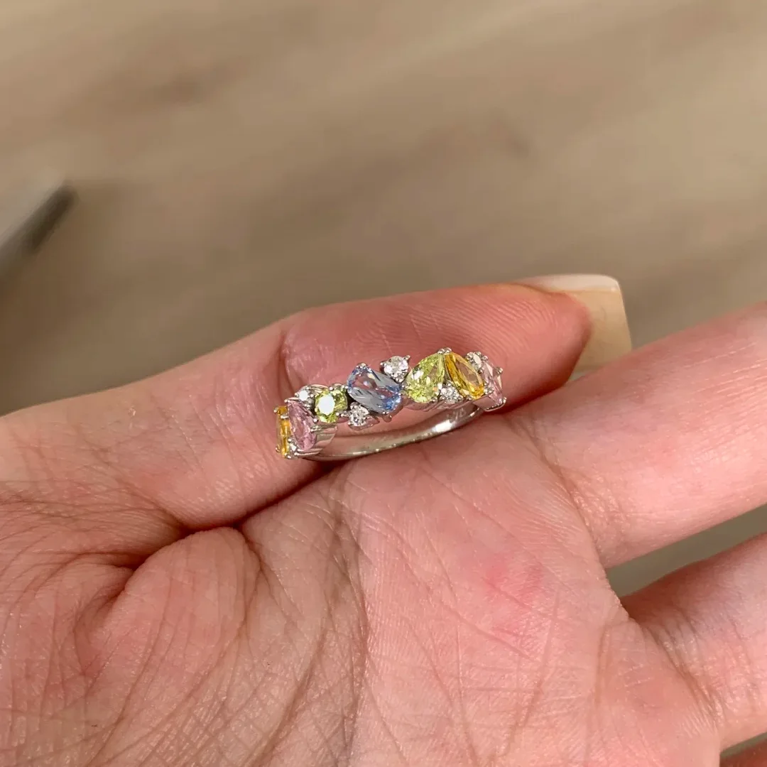 sterling silver ring, dopamine color zircon ring, niche design, light luxury, high-end index finger ring, open ring, female.