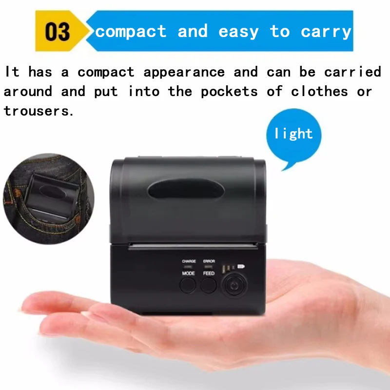 Rechargeable Portable Bluetooth Printer for Mobile Office - 203dpi 80mm Thermal Bluetooth Receipt Printer