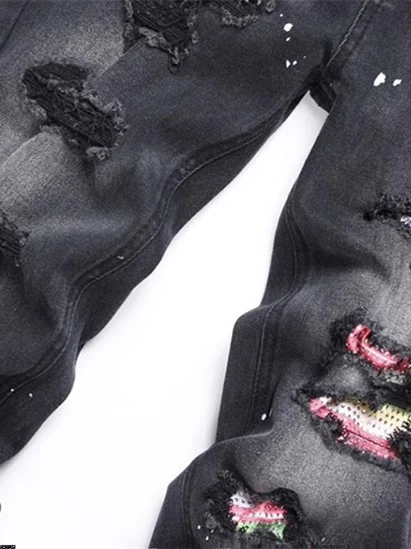 ファッショナブルでトレンディなメンズスリムフィットデニムジーンズ、リペアパッチ付き、伸縮性のあるカジュアルロングパンツ、ブラックホールデザイン、若者向け