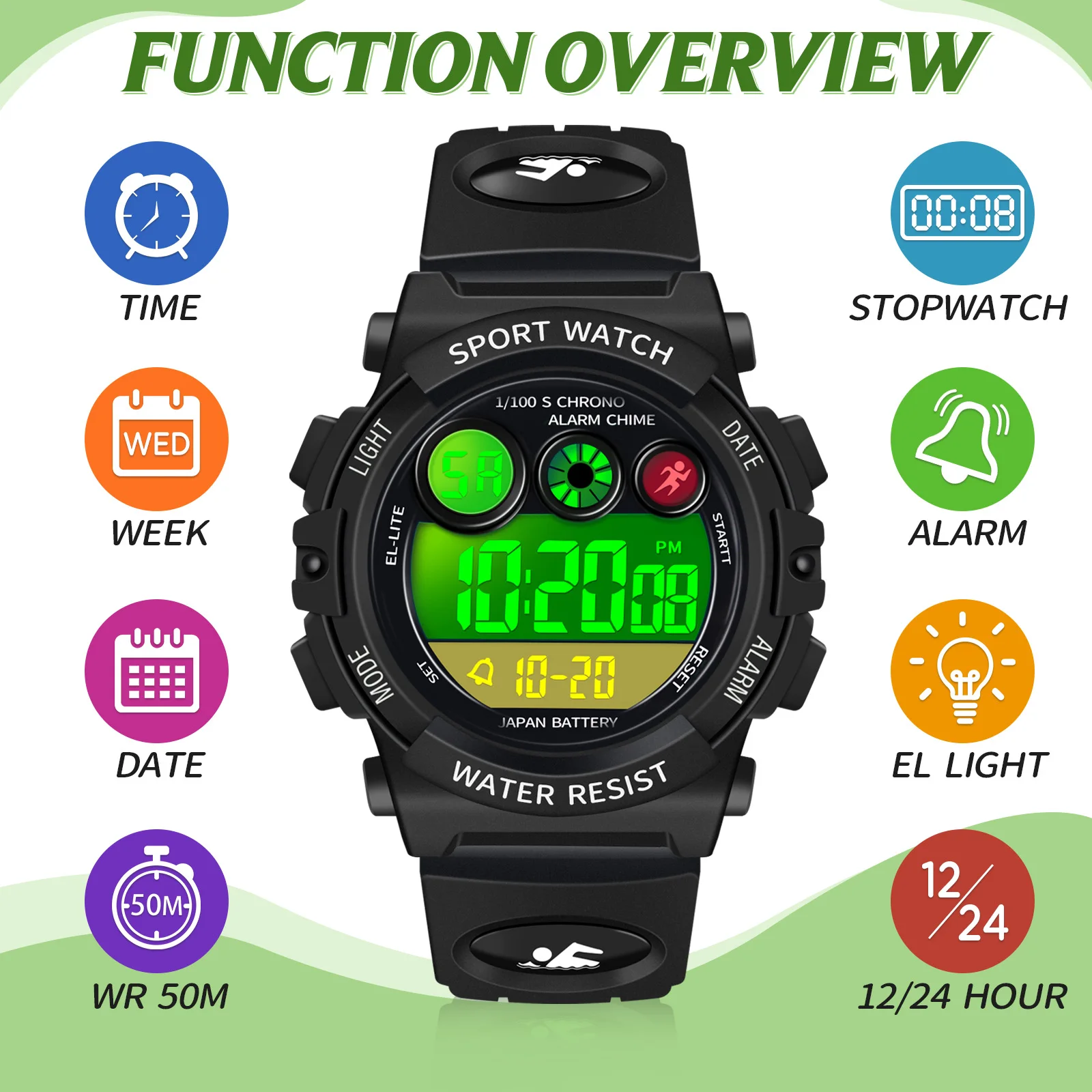 Children's watch, digital outdoor sports waterproof boys' watch, 12/24-hour alarm clock, 7-color backlight stopwatch, bracelet.