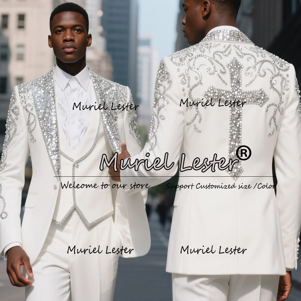 

Luxury Crystals Beaded Suits Men For Wedding 3 Pieces Sets Sparkly Sequins Lapel Blazers Customized Groom Tuxedos costume homme