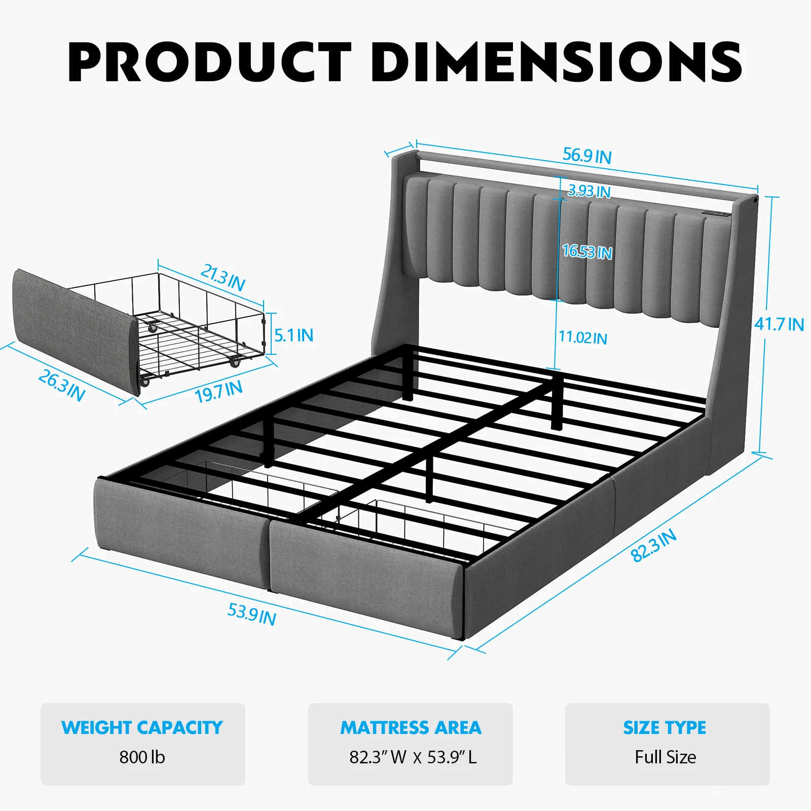 إطار سرير كوين GREUSUAL مع درجين للتخزين، إطار سرير بمنصة مقاس كوين مع ضوء LED، لوح رأسي منجد