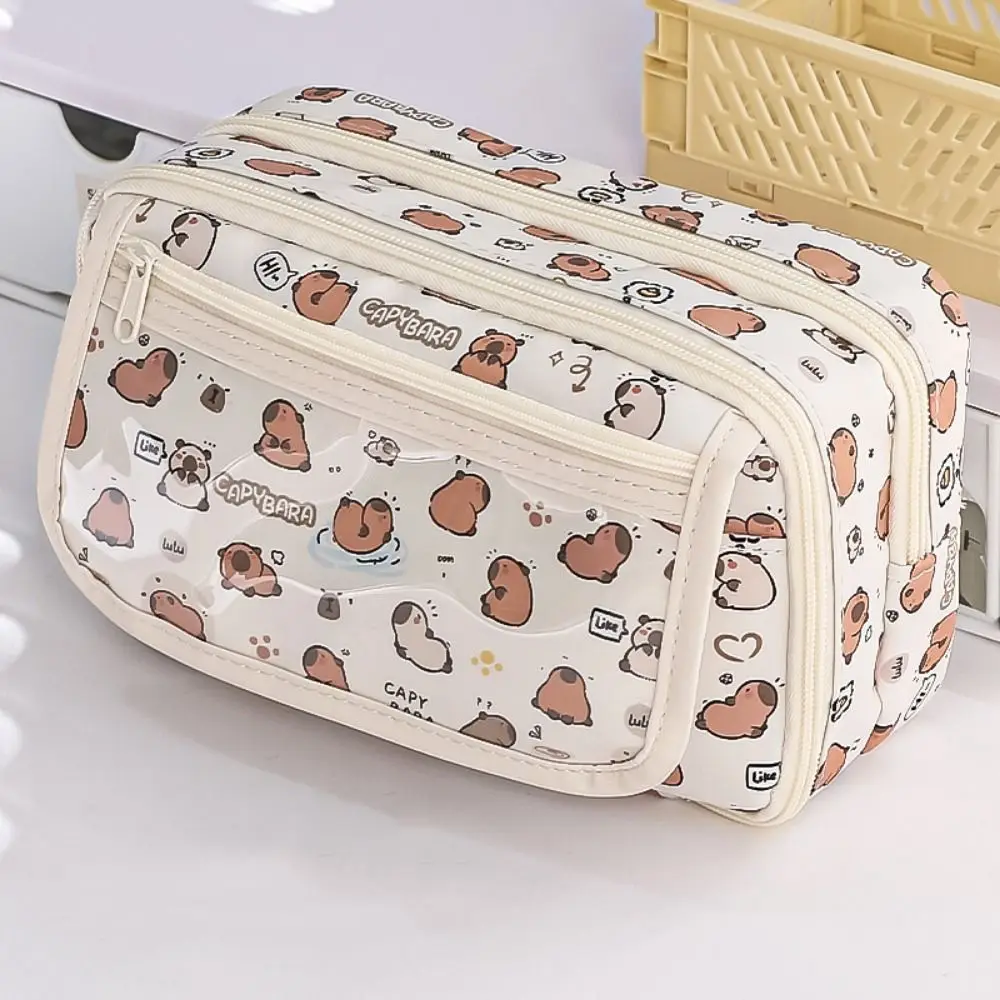 Multi camada capivara saco de papelaria bolso transparente lona capibara lápis saco flip capa grande capacidade dos desenhos animados caneta bolsa