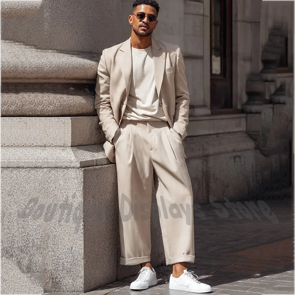 

Loose Casual Men Suit Notched Lapel Single Breasted Blazer Pleated Cuffed Ankle Wide Leg Pants 2Pcs Fashion Streetwear Daily Set
