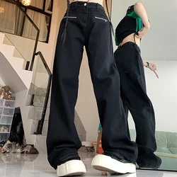 Women High Waist Loose Cargo Jeans Lady High Street Zipper Pockets Straight Leg Denim Pants Female Fashion Black Trashy Trousers