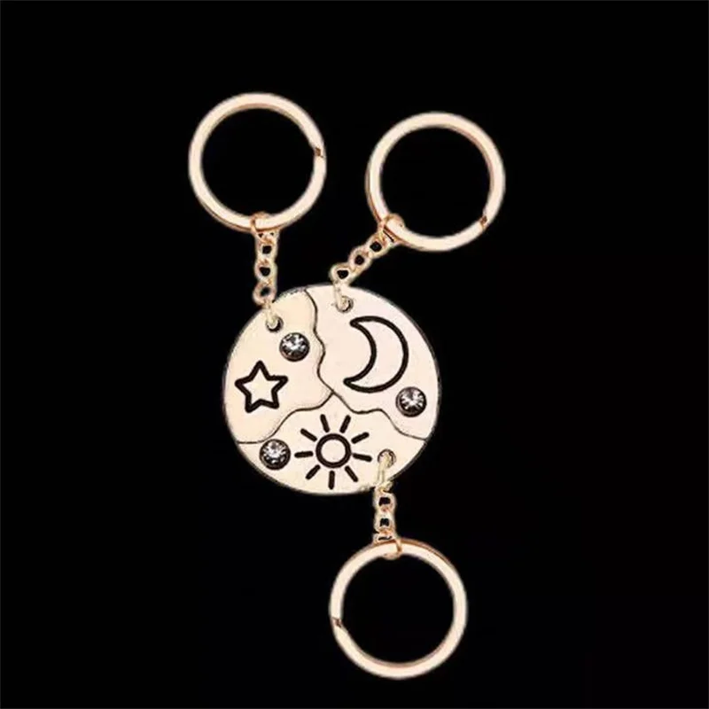 3Pcs Sun Moon Star Keychain for Men Women Round Shaped Stitching Pendant Key Chain Ring Holder BFF Friendship Party Gifts 2024