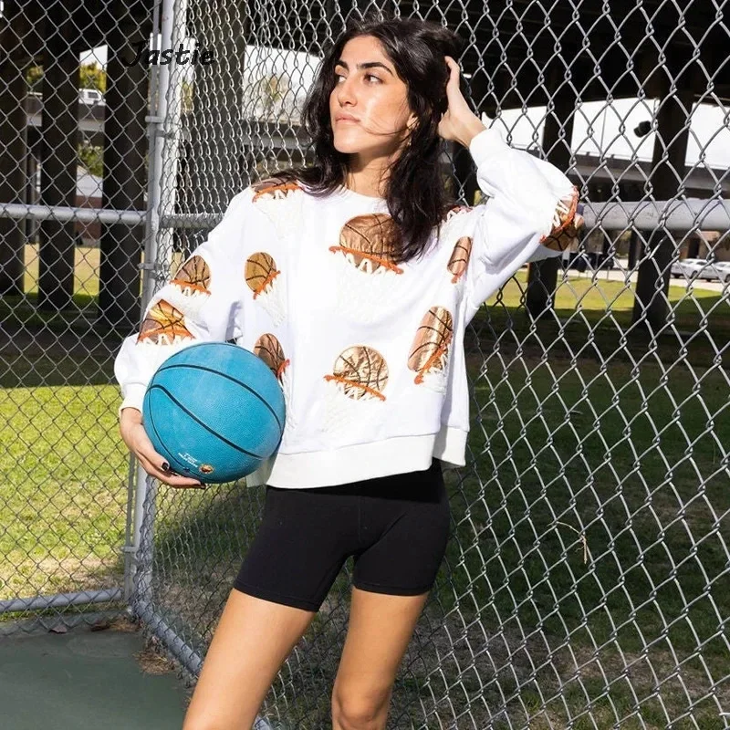 Sequin Basketball Sweater For Women Casual Loose Fitting O-Neck Long Sleeve 3D Print Office Lady Style 2024 Pullover Sport Shirt