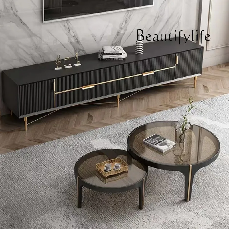 

Tempered glass size round telescopic coffee table living room home TV cabinet combination