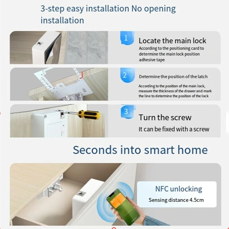 ตัวล็อกพลาสติก NFC แบบไม่เจาะรูโลหะสีขาว + ล็อคลิ้นชักการ์ดเหมาะสำหรับตู้ล็อกตู้ลิ้นชักไม้