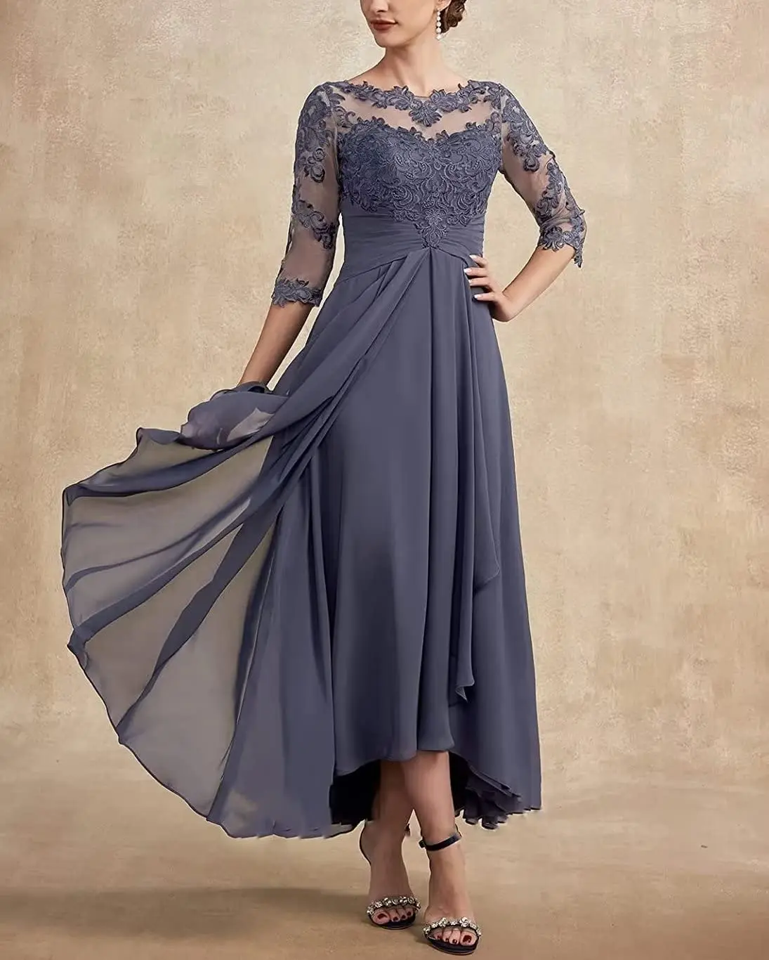 2024 New Half Sleeves O-Neck Mother Of The Bride Dresses Lace Chiffon Backless Evening Gowns Mother of The Groom Dresses