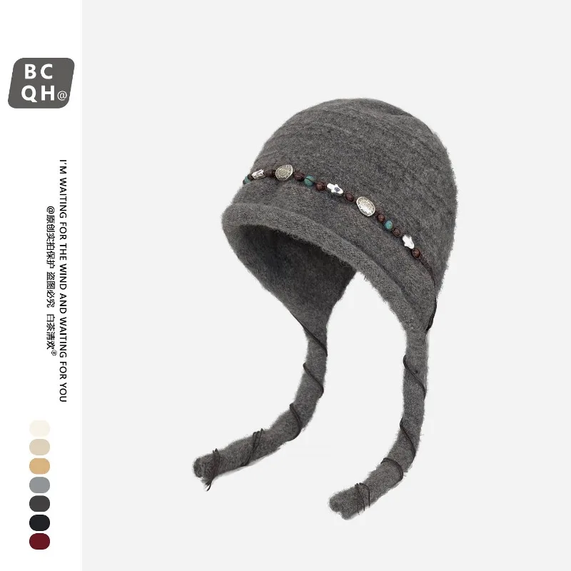 Japanische Nischen-Perlenmütze im Ethno-Stil, gestrickte Pullover-Mütze für Winterwärme und künstlerischen Ohrenschutz, Bombermützen für Damen – Detail 5