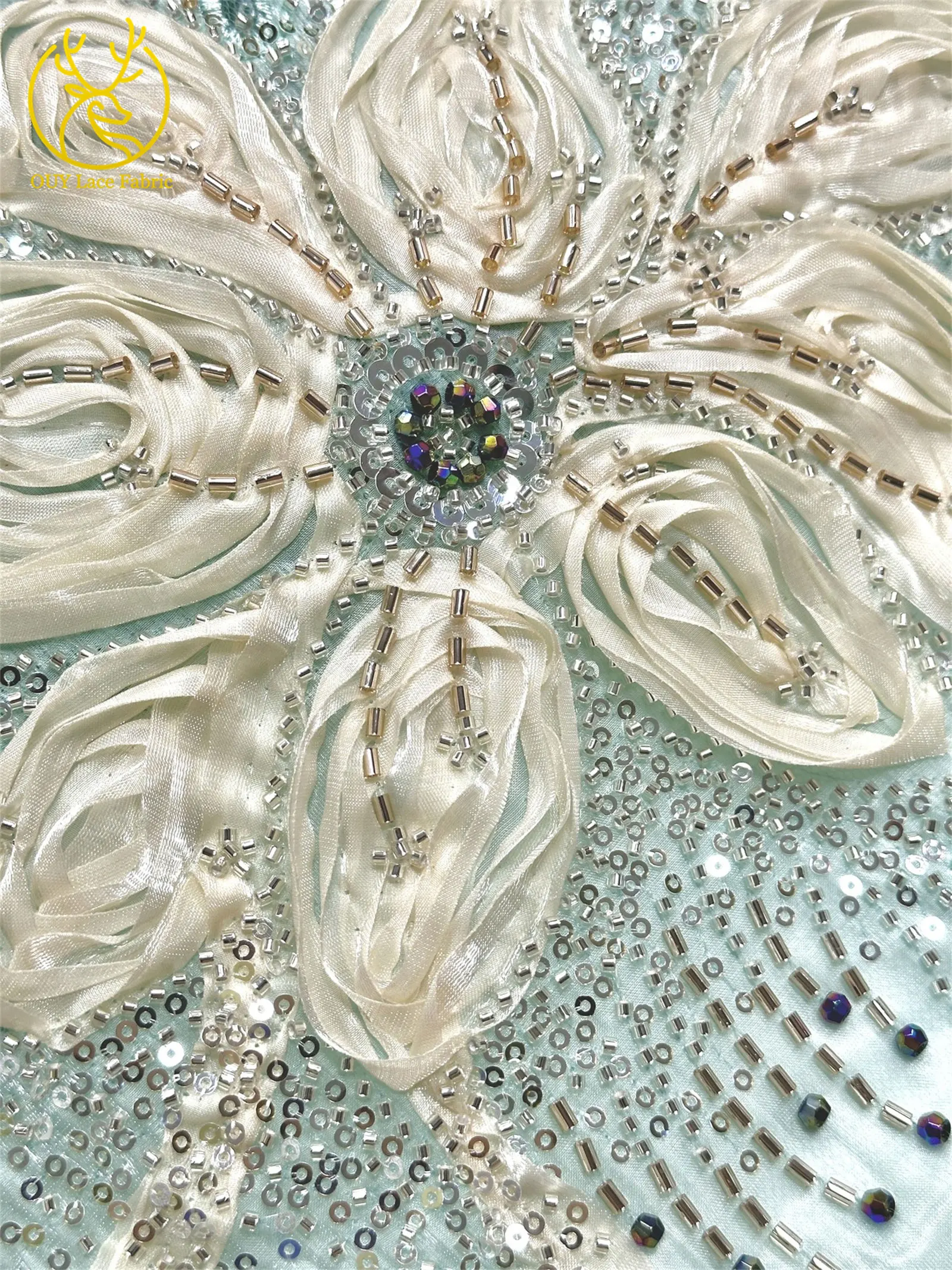 3D-Blumen-Tüll, afrikanischer Spitzenstoff, eleganter französischer nigerianischer Perlen-Pailletten-Mesh-Spitzenstoff für Damen, Hochzeitskleid-Design-Stoff – Detail 28