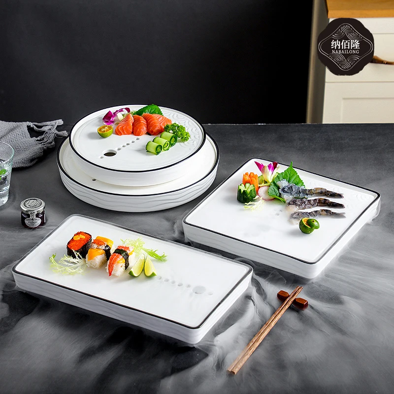 Dry Ice Smoke Container Ceramic Cold Dish Tray Sashimi Plate Tableware Sushi Pan Characteristic Hotel