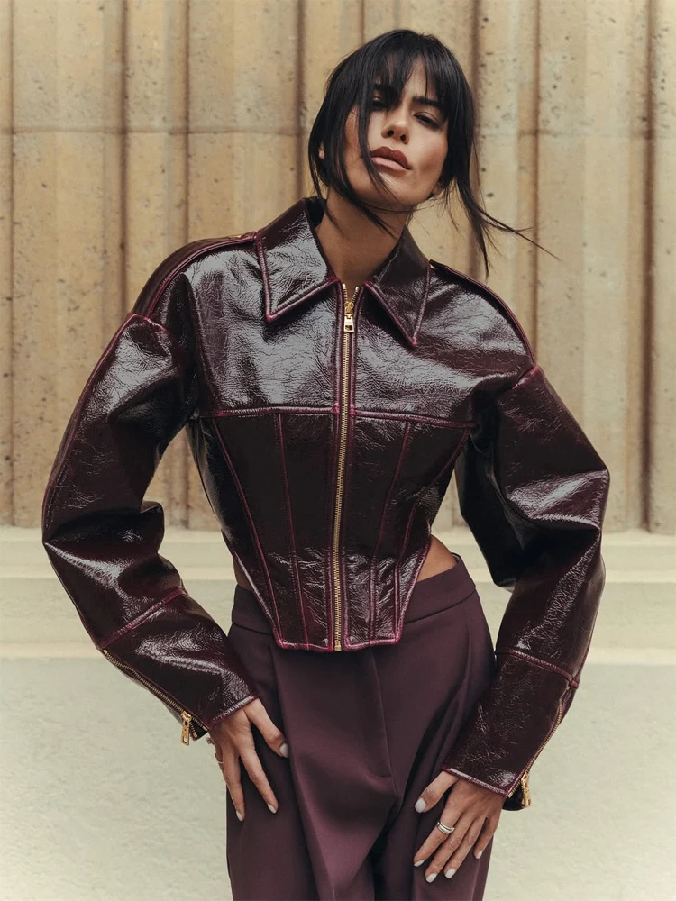 Chaqueta de Cuero Retro Brillante con Diseño de Espina de Pescado para Mujer, Cuello Alto Elegante, Mangas Largas, Cintura Ajustada, Chaqueta Corta 2026, Ropa Urbana Diaria para Dama