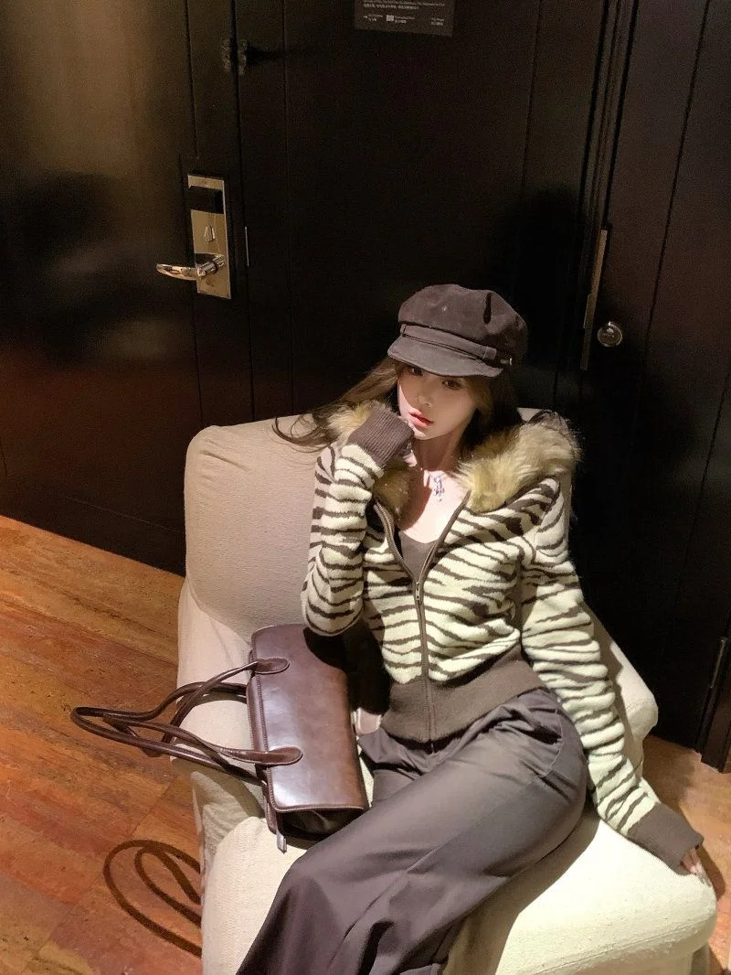 อเมริกันRetroลายขนสัตว์ผู้หญิงHoodedแขนยาวถักHoodedเสื้อกันหนาวฤดูใบไม้ร่วง/ฤดูหนาวY2K Slimซิปผู้หญิงtop