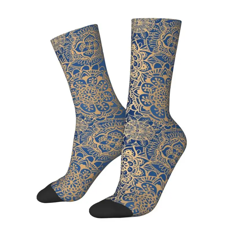 Chaussettes à motif de mandala imprimé bleu et or Kawaii pour hommes et femmes, chaussettes extensibles, chaussettes d'équipage de fleurs bouddhistes, été, automne, hiver