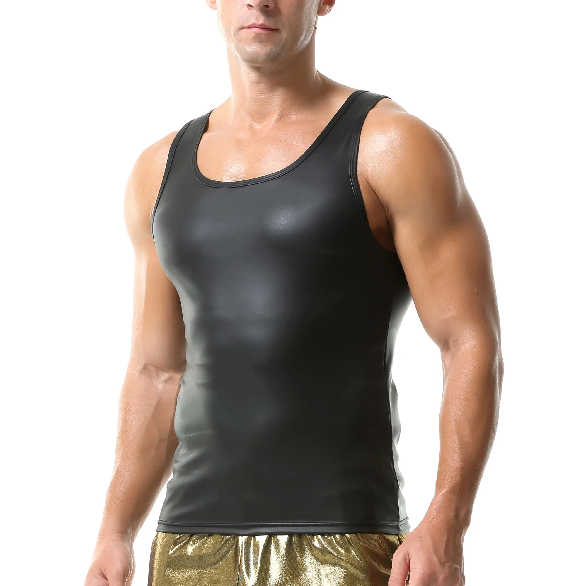 גברים ללא שרוולים שחור אלונקה כושר טנק גופייה גברים דמוית עור רזה ספורט