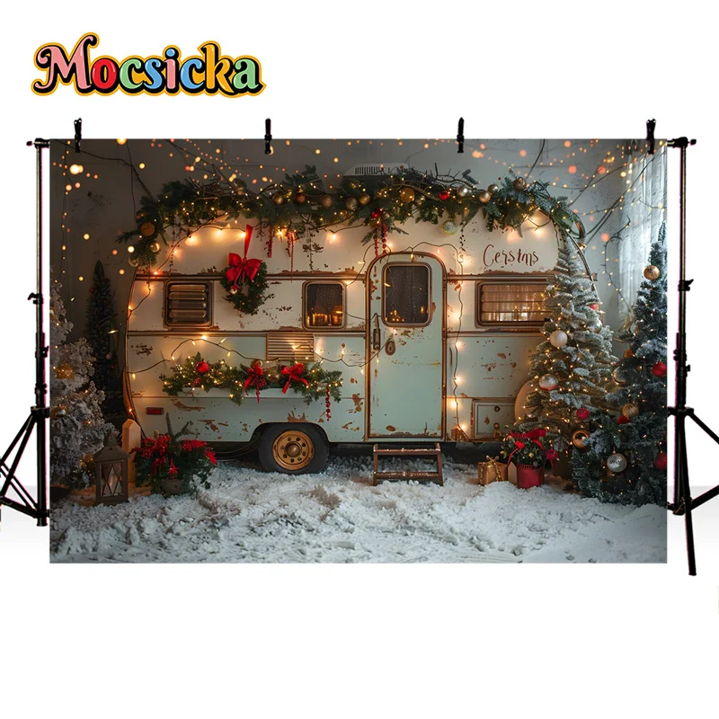 Mocsicka Winter Photography Background Christma Party Xmas Tree Caravan Snow Backdrop New Year\'s Eve Family Portrait Studio