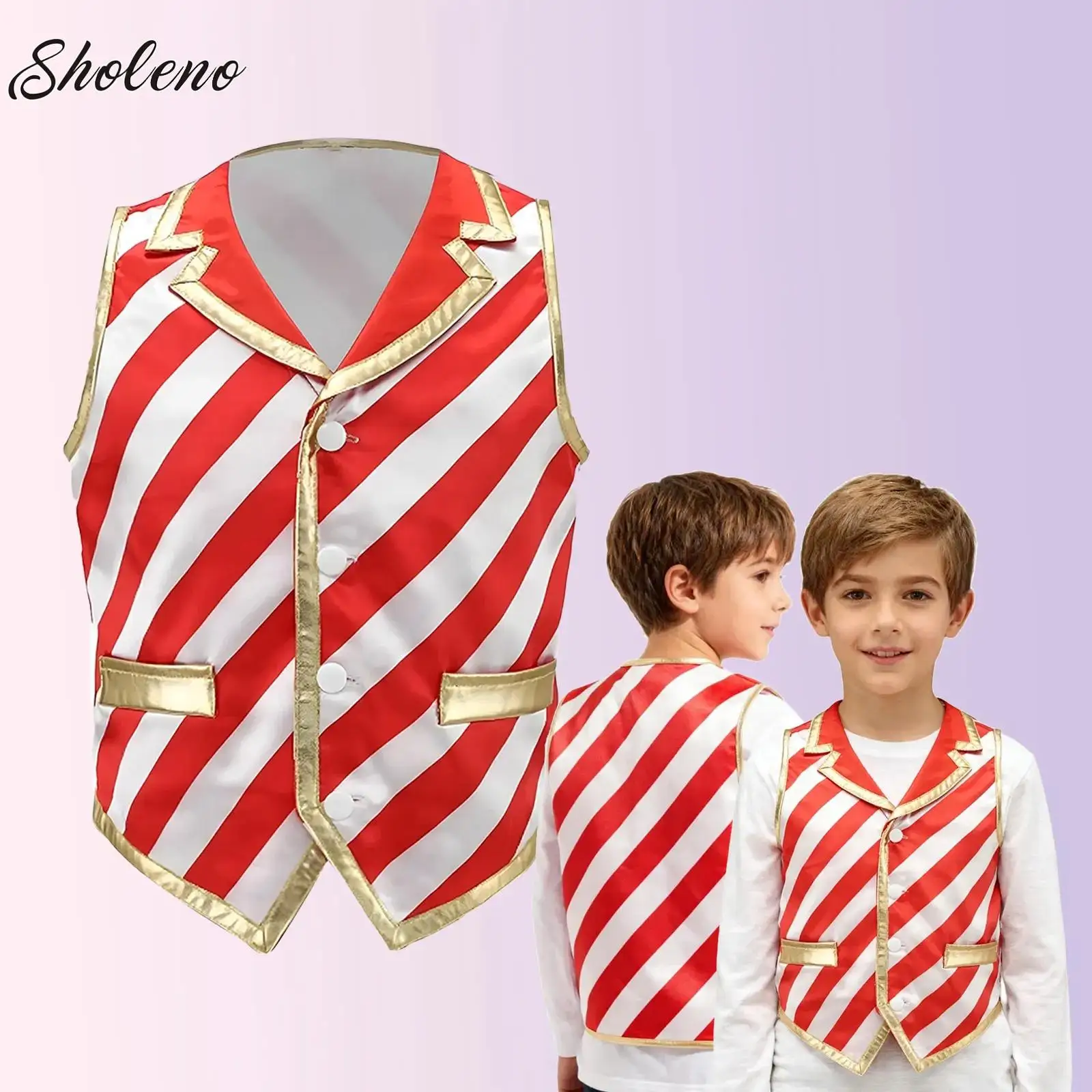

Boys Christmas Candy Cane Striped Waistcoat Halloween Performance Party Costume V Neck Vest Jacket Santa Claus Sleeveless Tops