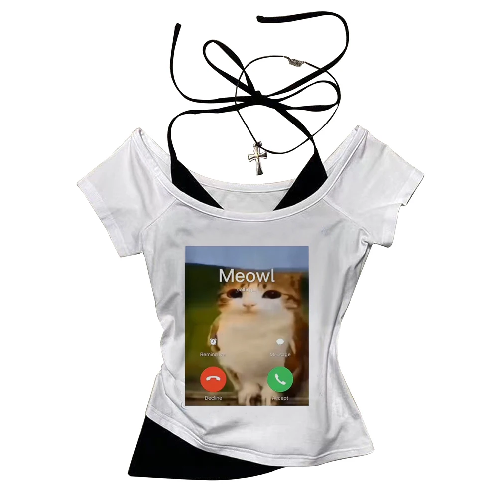 Meowl Crop Top Teen Anime Party Cute Jojifuku Ausverkauf T-Shirt Vintage Sommer Goth Grunge – Detail 3