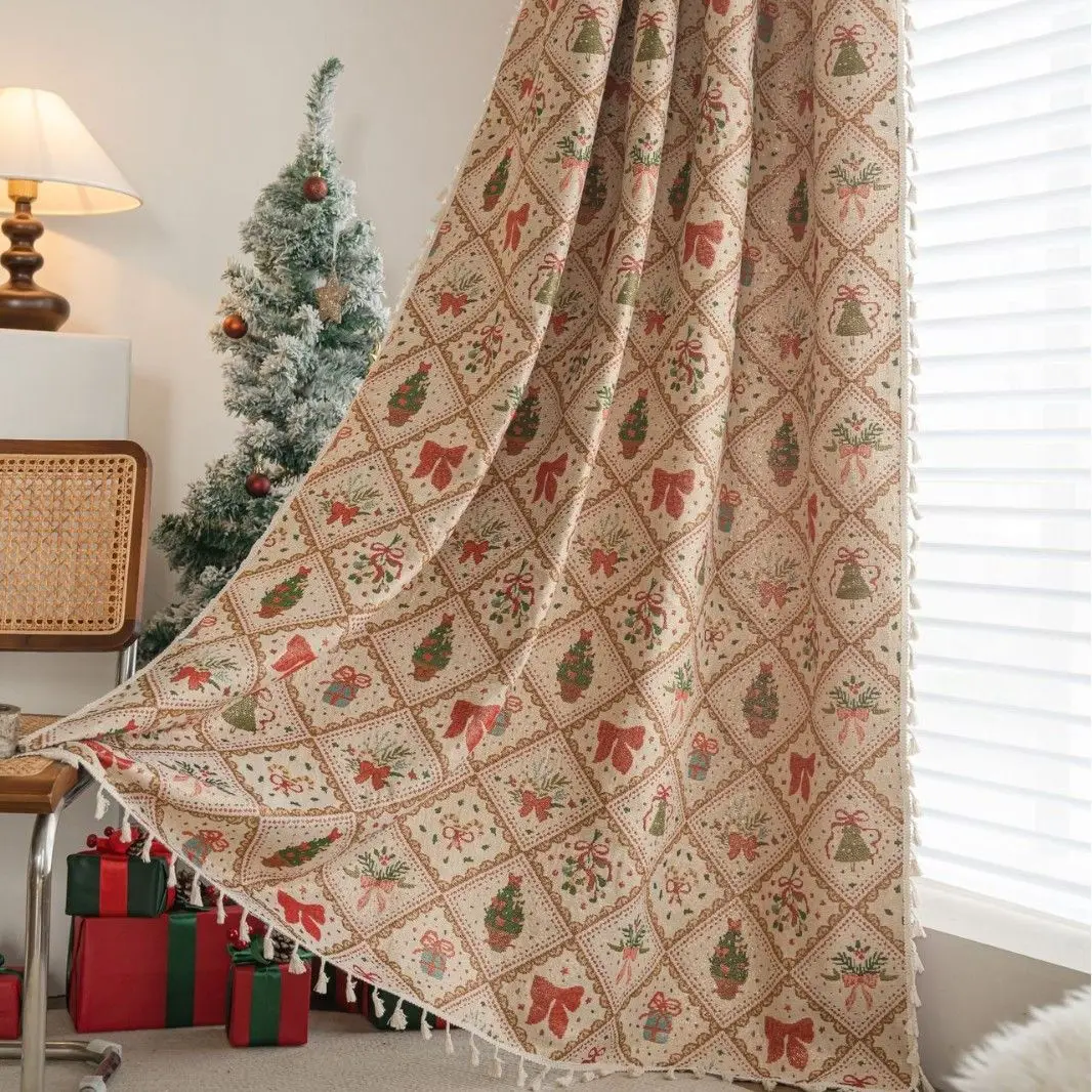 Christmas Bow Decoration Curtains Cotton-linen Household Kitchen Balcony Window Drape Sunshade Cloth Washable Customized Curtain