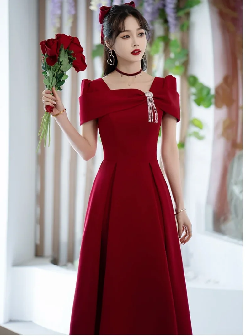 Temperament Robe Women\'s Solid Color Spring Summer New Square Collar Long Sleeve  A-line Long Dresses Fashion Female Vestidos