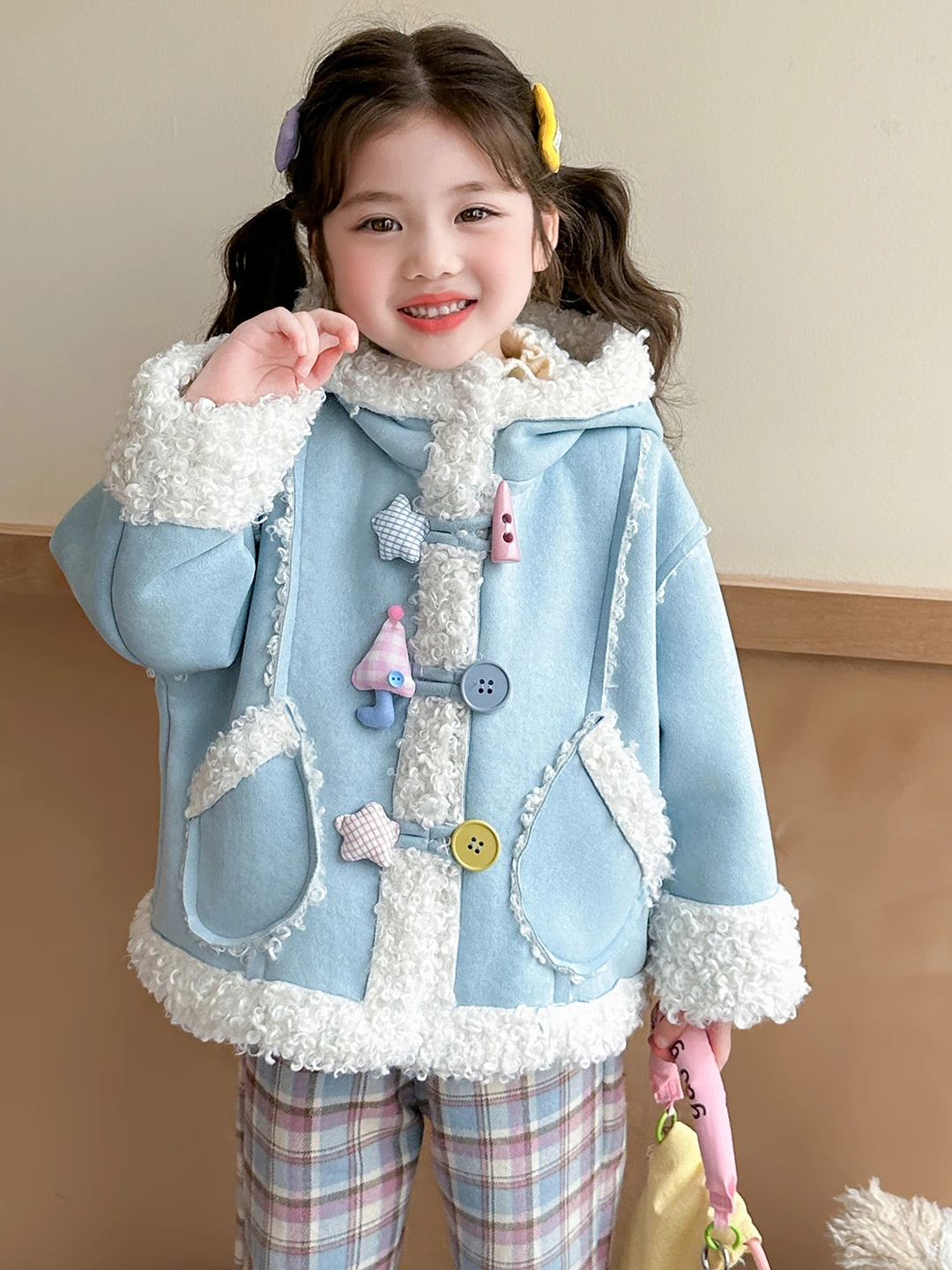 

Thiened Fce Children's Jaet for Girls Sli Winter Coat with Buttons Warm Upwind Coat Straight Tube Sle