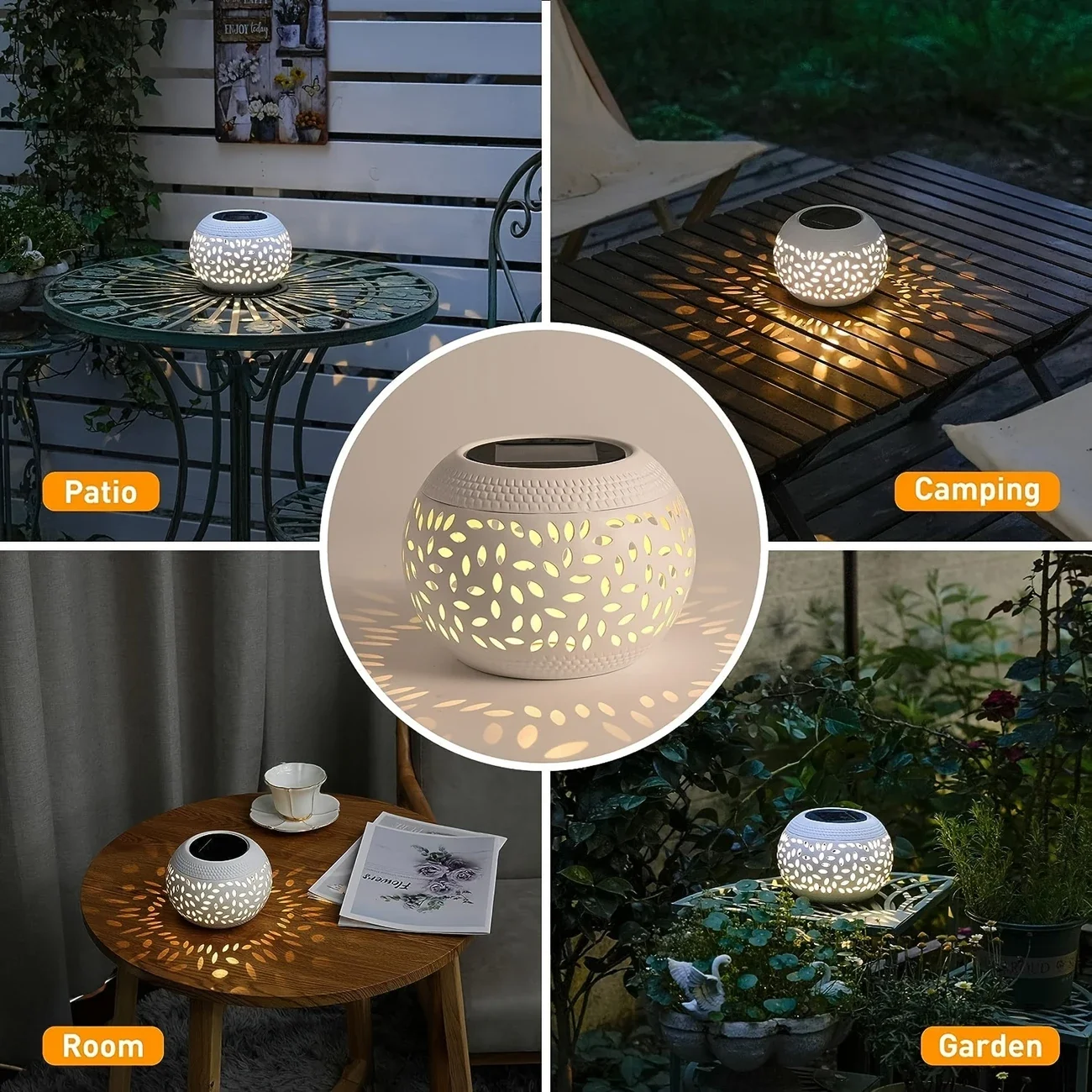 Lampada da tavolo solare Lampada da esterno a LED ad energia solare Lanterna decorativa da tavolo in metallo scavato Luce da giardino per patio Luce da tavolo