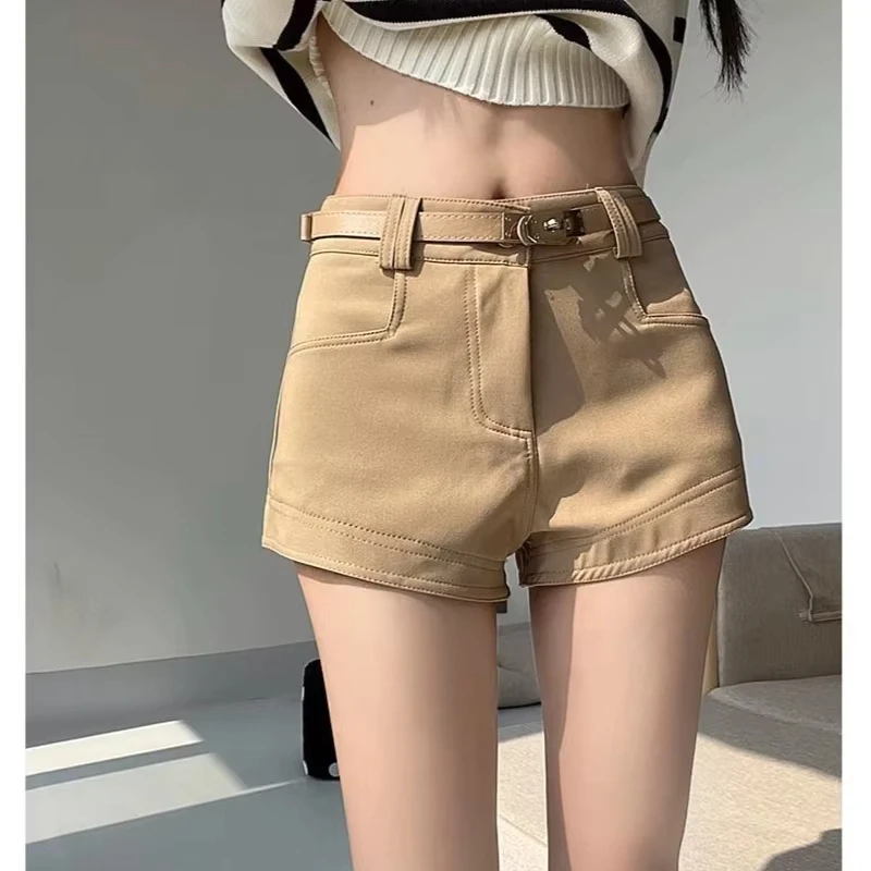 Women High Waist Boot Shorts Casual Belted Khaki Pants Fleece Lined  Spring Fall