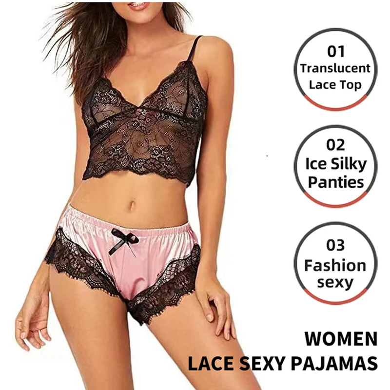 Conjunto de pijama de renda sexy feminino, 2 peças, bralette transparente, top e shorts, roupa de dormir respirável, plus size, lingerie de verão
