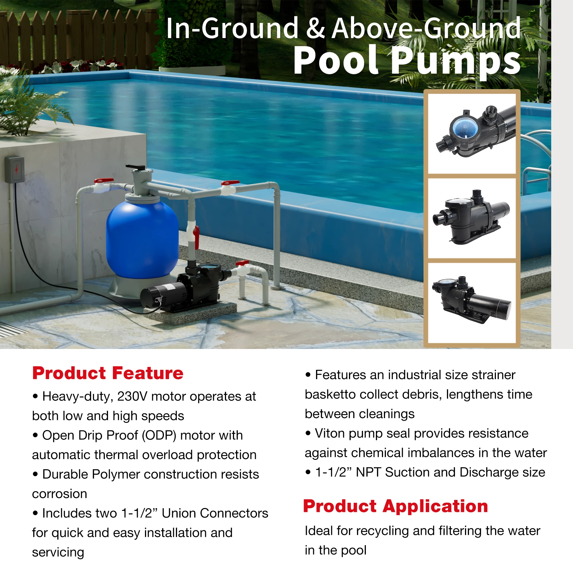 Easy Installation Swimming Pool Water Pump Includes Quick-connect Union