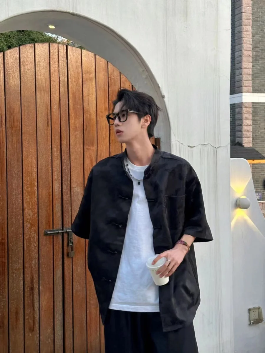 

Chic Summer Men's ort Sve irt Stand Collar Qing Cold Aosphere New Chinese Sle Tang Costume Outerwear Slim Fit Loose