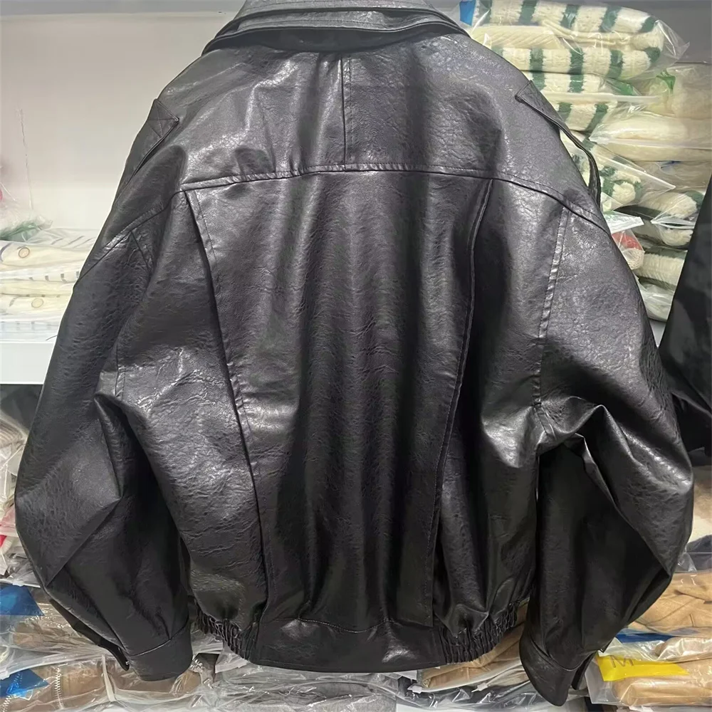 Nova moda feminina casual lapela manga comprida zíper decoração solta e versátil jaqueta de couro