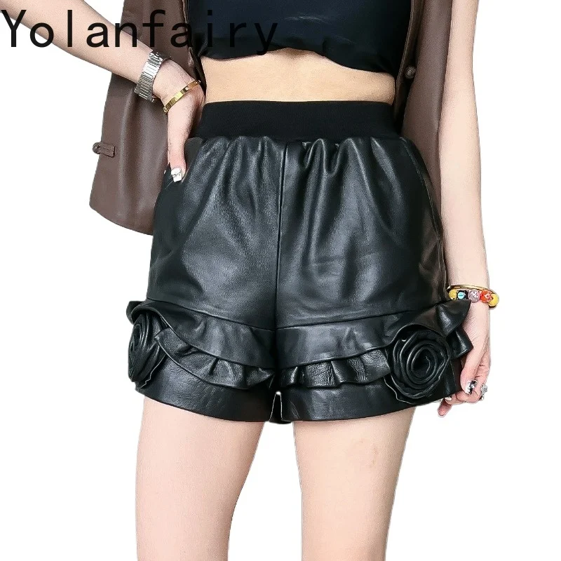 YOLANFAIRY Real Sheepskin Wide Leg Pants Women Elastic Waist Cropped Ruffle Hem Real Leather Casual Trousers Black Shorts 2026
